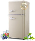 Retro Mini Fridge with Freezer 4.0 Cu. Ft, Small Refrigerator with 7 Level Adjustable Thermostat, Compact Classic Dual Door Fridge Removable Glass Shelves for Apartments, Dorm, Office, Cream