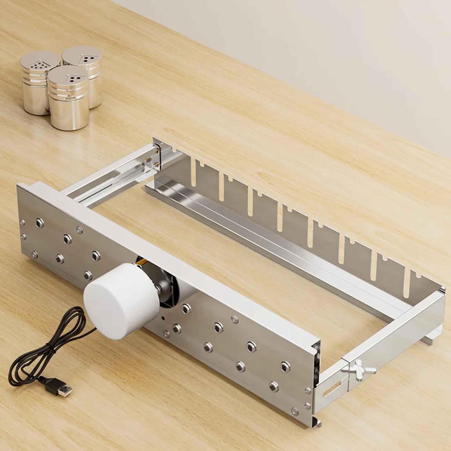 iDili Ac/Dc Fully Automatic Barbecue Flip Rack, Adjustable Width Bamboo Skewer Grilling Machine 5V Can Be Connected to Power Bank (50cm)