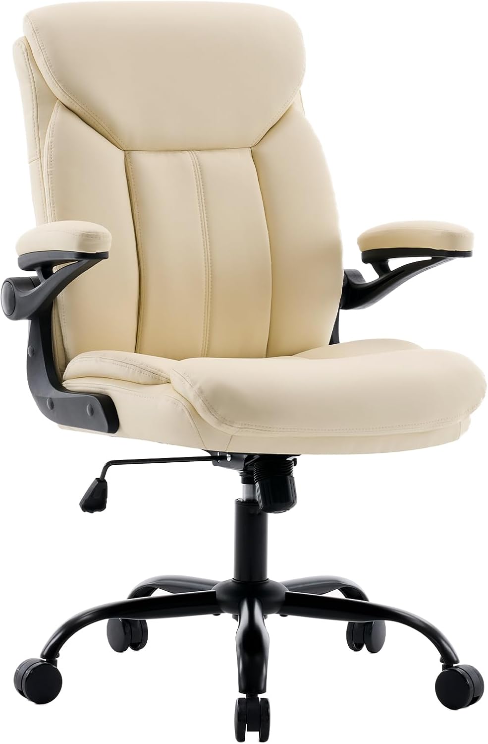 Office Chair, Ergonomic Computer Chair with Flip-up Arms Home Desk Chairs Comfy PU Leather Executive Mid Back Support Adjustable Height Tilt Lock Swivel Rolling Wheels, Cream
