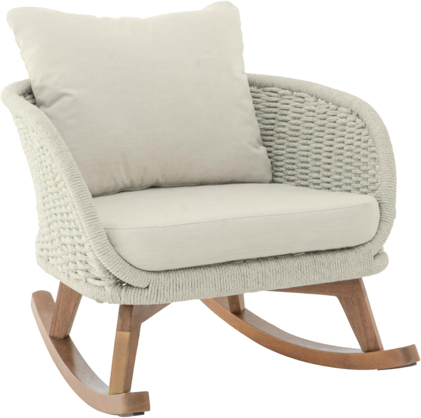 Merax Outdoor Rocking Chairs, Durable Solid Wood Frame + Wicker Backrests + Soft Polyester Cushions, Contemporary Minimalist Chair for Patio Balcony or Living Room, Beige
