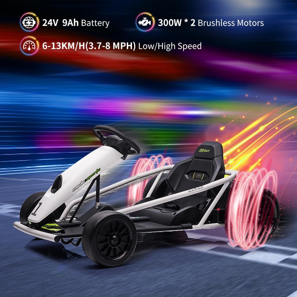 Go Kart, Big Kids Electric Karts, 24v 2 x 300w 8MPH Support for Smooth Slew Drift with Slow Start and Seat Belt for Double Protection, with Musical Horns, Maximum Load 180Lbs, for Kids 8-11 Year