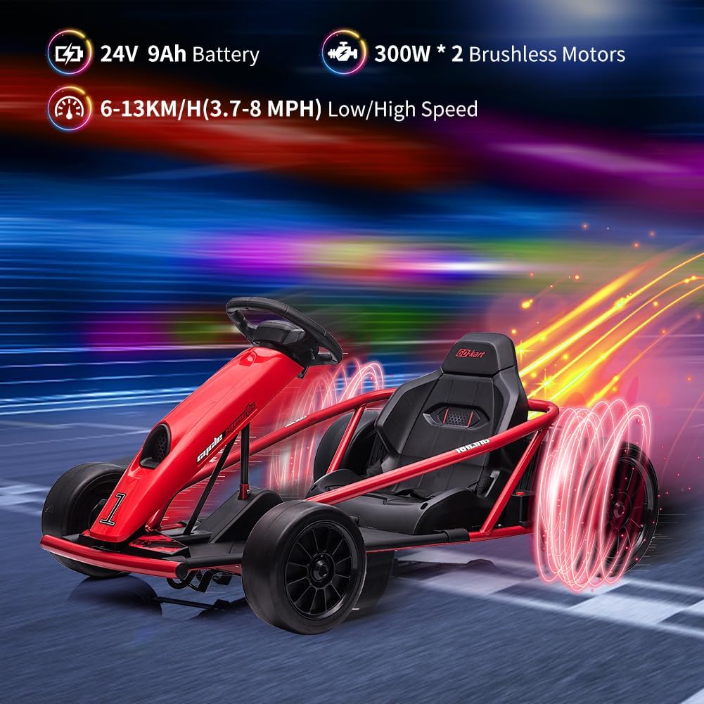 Go Kart, Big Kids Electric Karts, 24v 2 x 300w 8MPH Support for Smooth Slew Drift with Slow Start and Seat Belt for Double Protection, with Musical Horns, Maximum Load 180Lbs, for Kids 8-11 Year