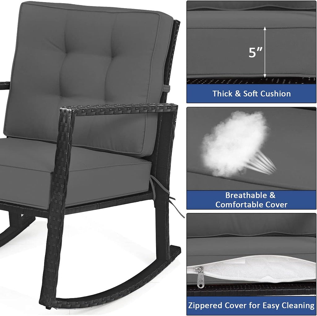 HAPPYGRILL Wicker Rocking Chair, Outdoor Patio Glider Chair with Heavy-Duty Frame, Thick Cushion, Rattan Rocking Chair for Backyard Garden Porch