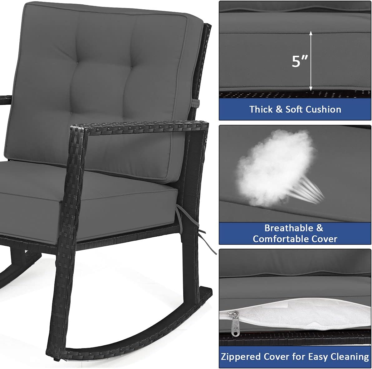 HAPPYGRILL Wicker Rocking Chair, Outdoor Patio Glider Chair with Heavy-Duty Frame, Thick Cushion, Rattan Rocking Chair for Backyard Garden Porch
