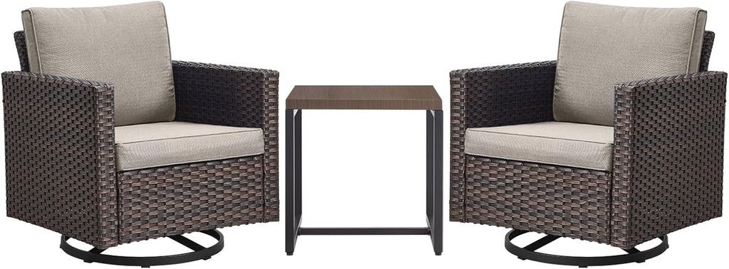 Luxury Outdoor Patio Swivel Rocker Chairs - 3 Piece Wicker Patio Furniture Bistro Swivel Rocking Chairs Set with Comfortable Cushions,Sturdy Metal Frame and Side Table for Porch Deck(Brown/Grey)