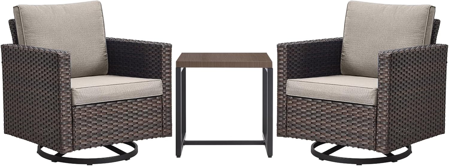 Luxury Outdoor Patio Swivel Rocker Chairs - 3 Piece Wicker Patio Furniture Bistro Swivel Rocking Chairs Set with Comfortable Cushions,Sturdy Metal Frame and Side Table for Porch Deck(Brown/Grey)