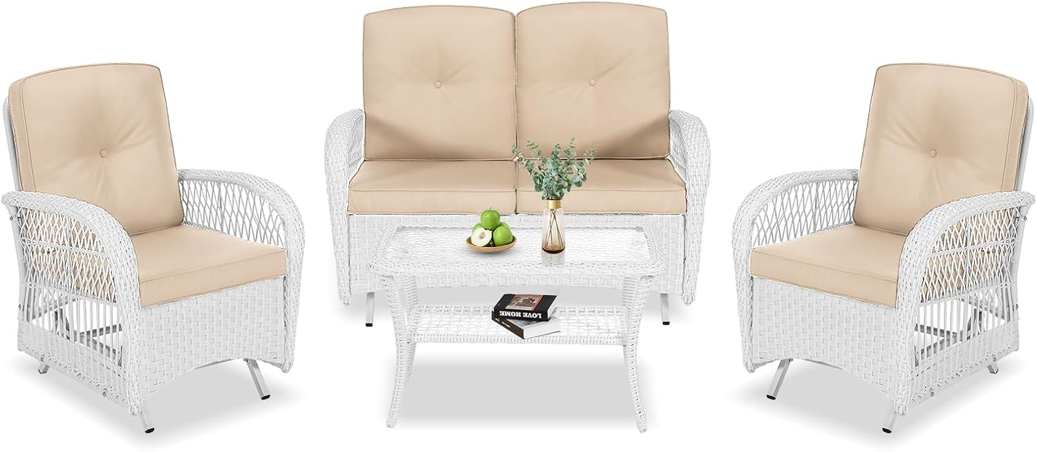 VIVIJASON 4-Piece Outdoor Patio White Wicker Conversation Sets, All Weather Rattan Furniture Set Includes Glider Loveseat, Coffee Table, 2 Glider Rocker Chairs w/Cushion for Lawn Balcony, Beige