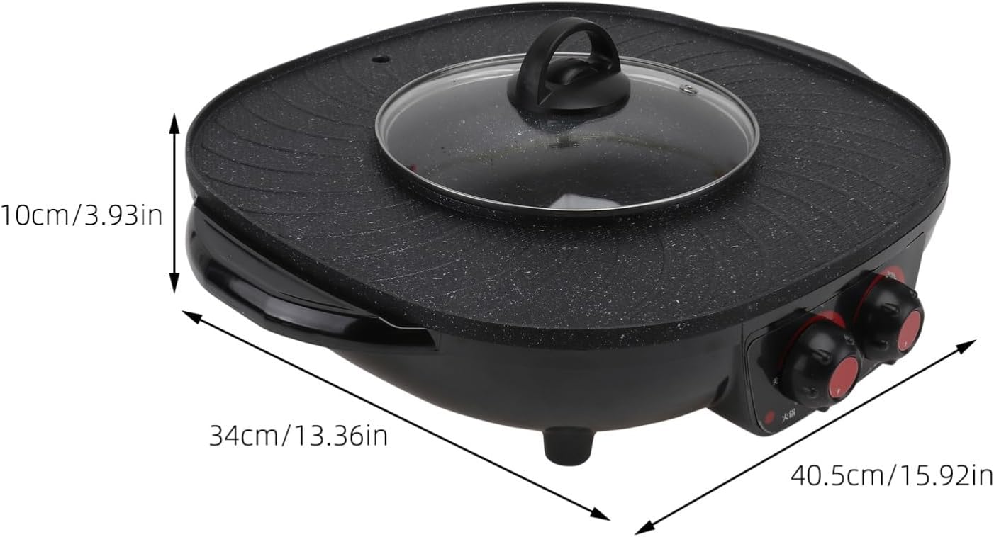 COLLBATH Electric Hot Pot Grill Multi-function Cooker with Smokeless Non-stick Coating Temperature Control for Home and Restaurant Use Black Color with Triangle Plug