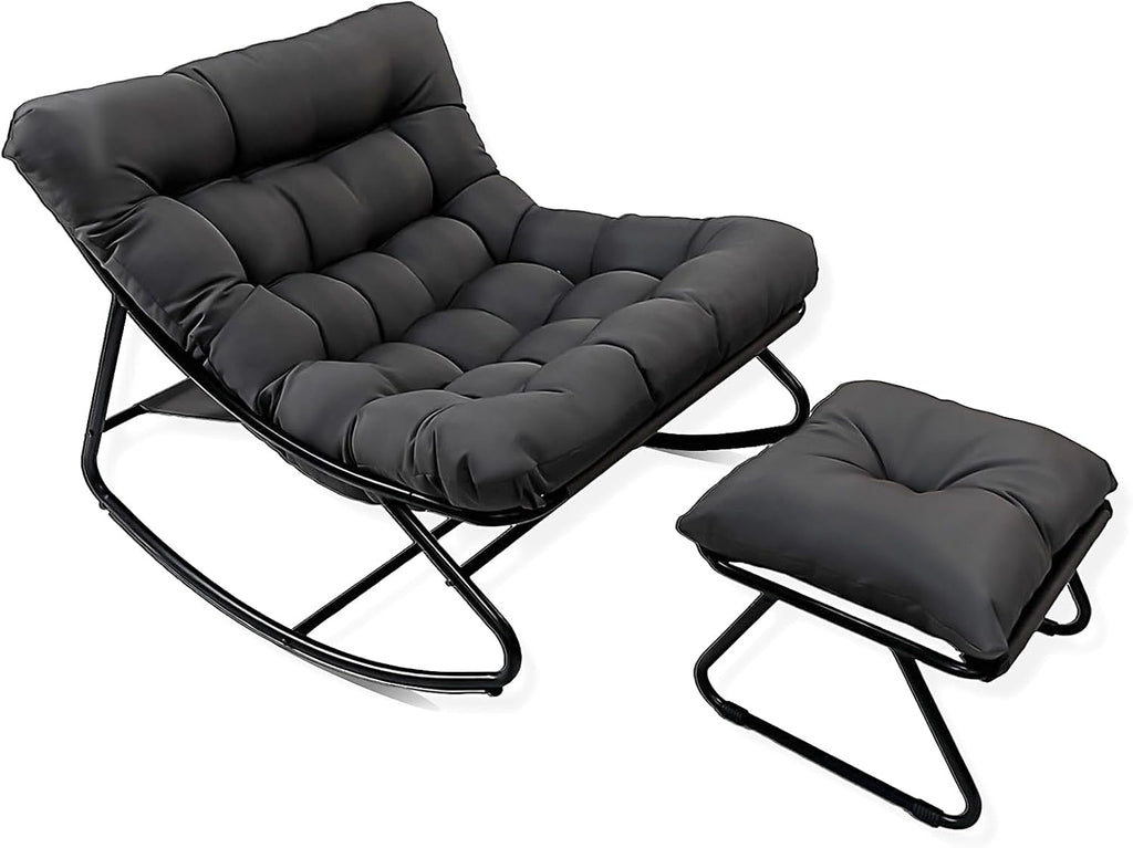 Oversized Papasan Rocker, Comfy Patio Rocking Chair, Outdoor Rocker Chair, Indoor Rocking Egg Chair with Cushion & Ottoman for Bedroom, Living Room, Front Porch (Grey)