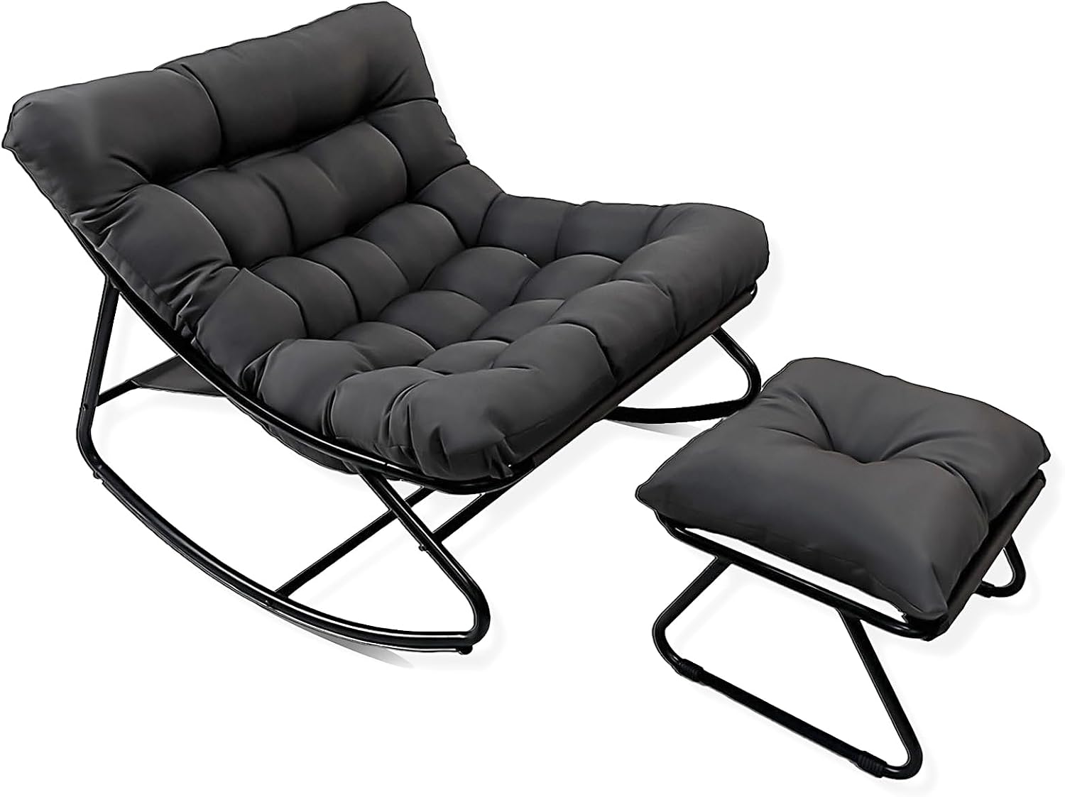 Oversized Papasan Rocker, Comfy Patio Rocking Chair, Outdoor Rocker Chair, Indoor Rocking Egg Chair with Cushion & Ottoman for Bedroom, Living Room, Front Porch (Grey)