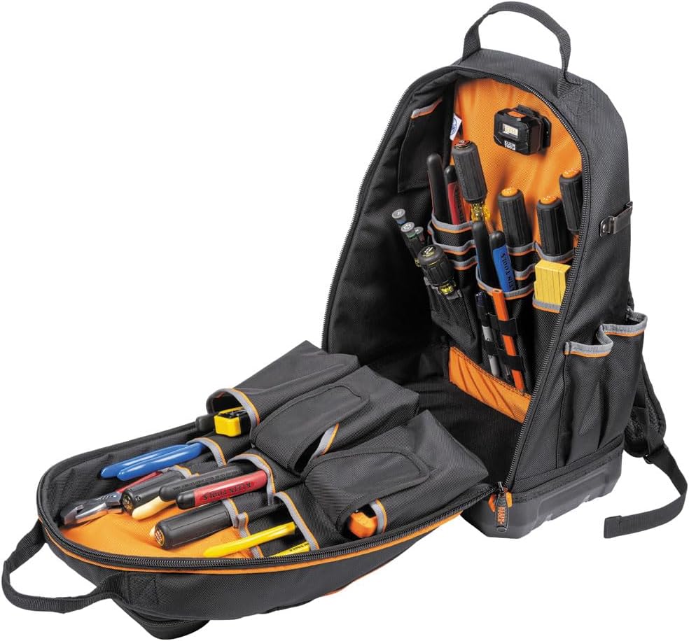 Klein Tools 62800BP Backpack Tool Bag, Tradesman Pro Extra-Large 40-Pocket Electrician Jobsite Backpack with Molded Bottom, Charging Port