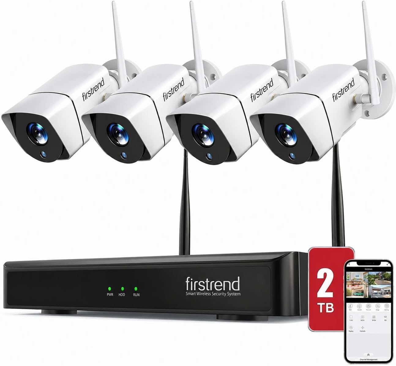 (2026 New) Firstrend WiFi Wireless Security Camera System, Wireless NVR System with 4pcs Security Bullet Camera and 2TB HDD, 2-Way Audio, AI Human Detection,Night Vision and Remote Monitoring
