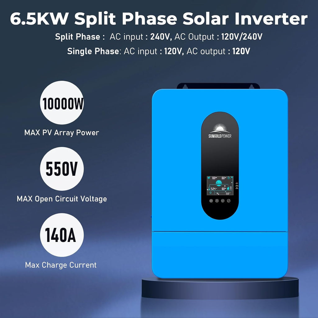 SUNGOLDPOWER 6500W 48V Solar Inverter, Split Phase,Built-in 2 MPPTs, Max 140A Battery Charging, AC Input/Output 120V/240V(settable),Pure Sine Wave Inverter(Parallel/WiFi/BMS COMM) UL1741