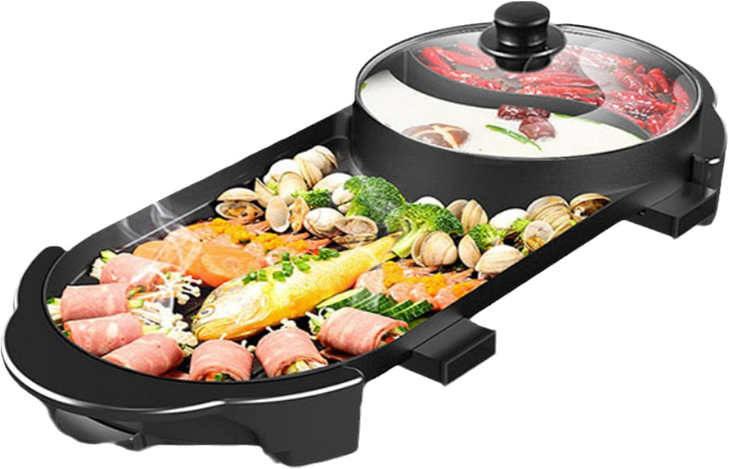 Electric Smokeless Non-Stick, Removable Hotpot Pot, Korean Barbecue Pan Indoor for 5-6 People Independent Dual Temperature Control Fast Heating