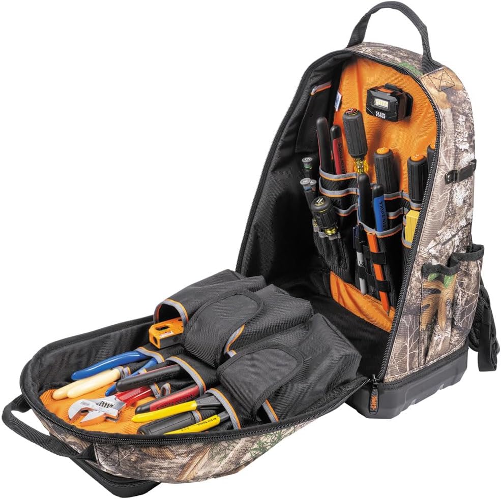 Klein Tools 62800BPCAMO Backpack Tool Bag, Tradesman Pro Extra-Large 40-Pocket Jobsite Camo Tool Backpack with Molded Bottom, Charging Port