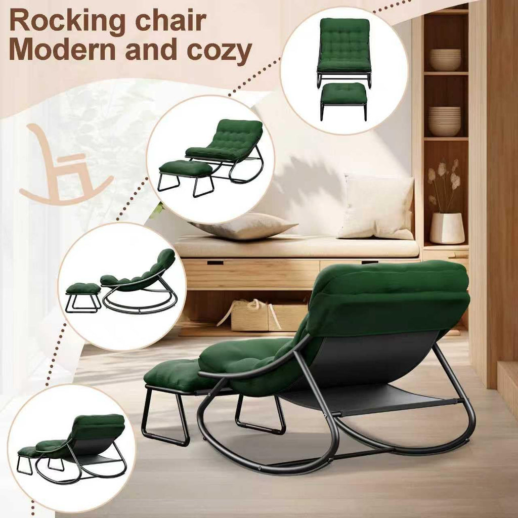 Outdoor and Indoor Rocking Chairs, Comfy Patio Chair, Rocking Chair with Ottoman and Sturdy Metal Frame, Balcony Chairs with Thickened Cushion, Silla Mecedora for Patio Porch Garden Living (Green)
