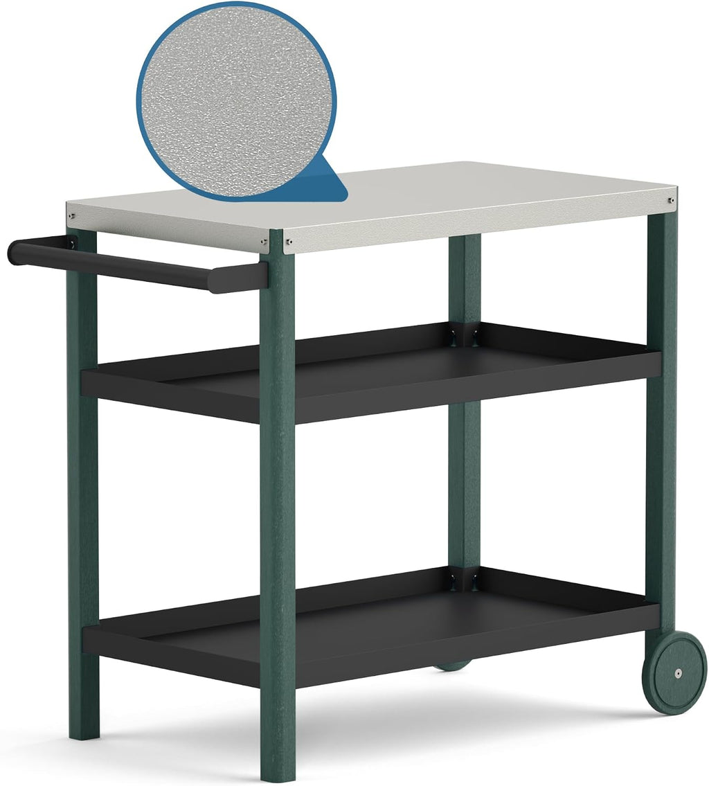 TORVA Outdoor Prep Grill Cart with Passivation Tabletop, High Hardness Scratch Wear Resistant Rolling Grill Cart, Easy to Clean&Durable HDPE Material, 3-Tier Large Storage BBQ, Black Green