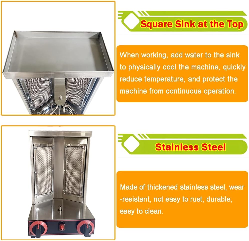 Shawarma Grill Machine Vertical Broiler LP Gas Turkish Barbecue Shawarma Rotisserie Countertop Rotating Doner Kebab Gyro Grill Oven with 2 Burners for Home Kitchen Restaurant Party