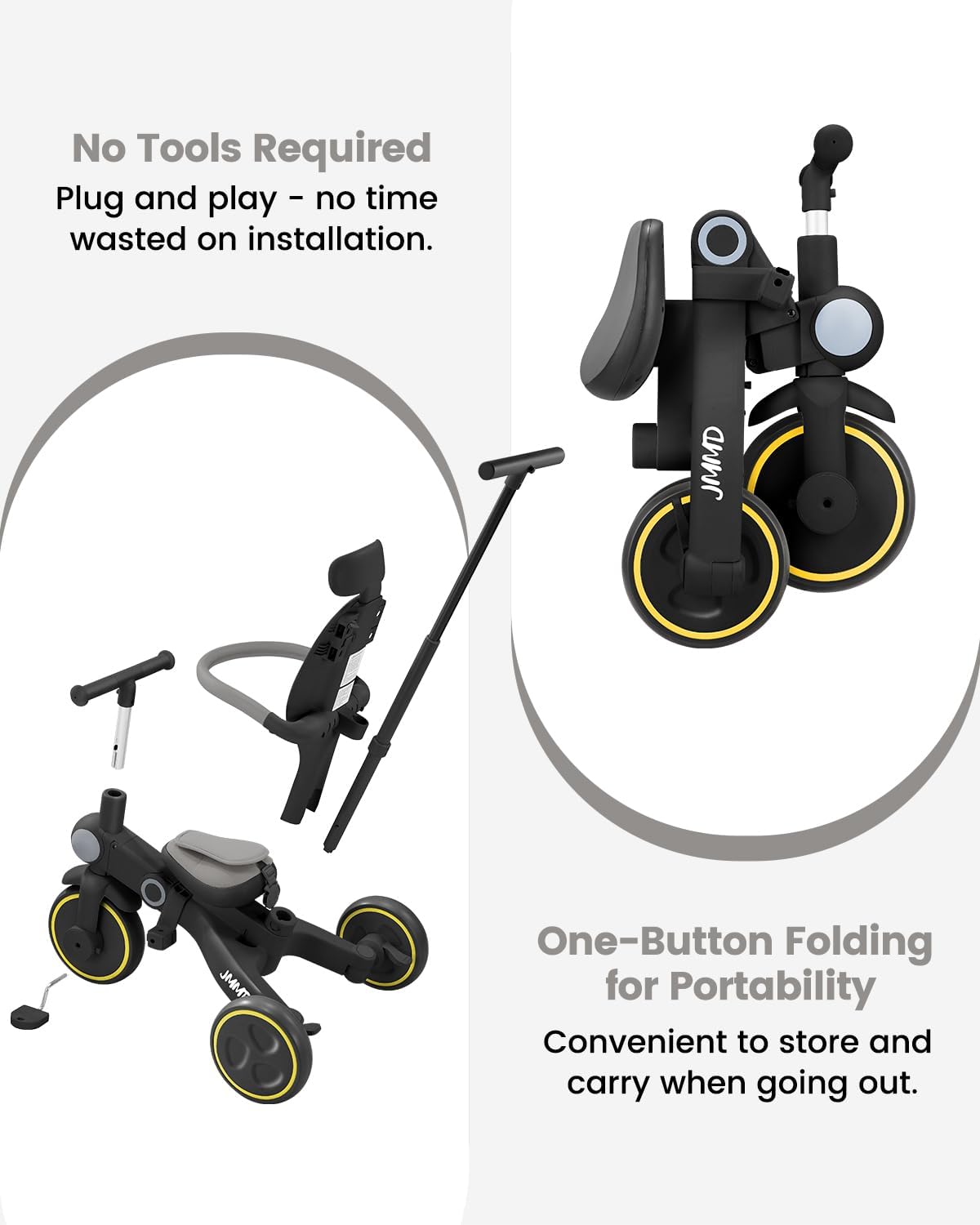 JMMD Baby Tricycle, 7-in-1 Multifunctional Kids Trike with Adjustable Parent Handle, Safety Harness & Wheel Brakes, Removable Canopy, Stroll Trike for Boys & Girls Ages 18 Months-5 Years, Black