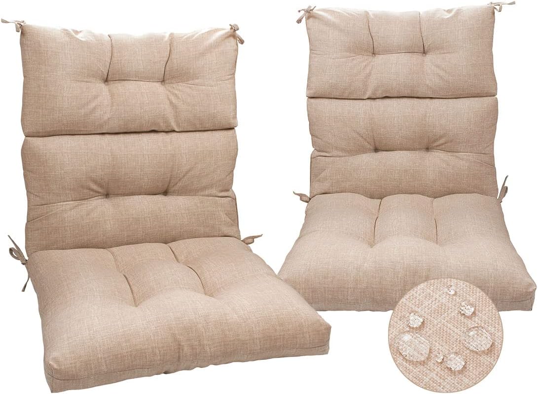 Magpie Fabrics Indoor Outdoor Tufted High Back Chair Cushion Set of 2, Waterproof All-Weather Deep Seating Rocking Chair Patio Garden Chaise Lounge Sun Lounger Chair Cushions(Beige Linen)