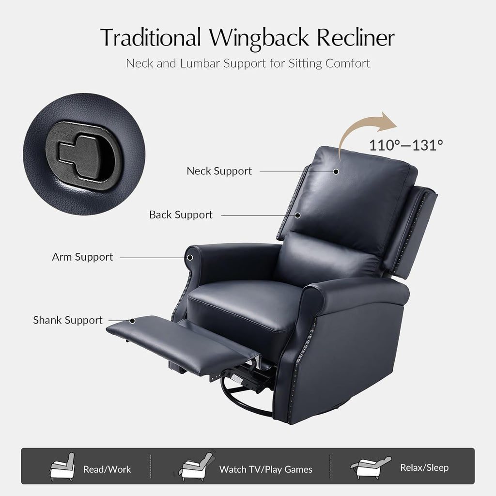 HULALA HOME Faux Leather Swivel Rocker Recliners Set of 2 with Adjustable Backrest and Footrest, Push Back Recliner Chairs with Nailhead Trim, Swivel Glider Rocking Chairs for Living Room, Navy