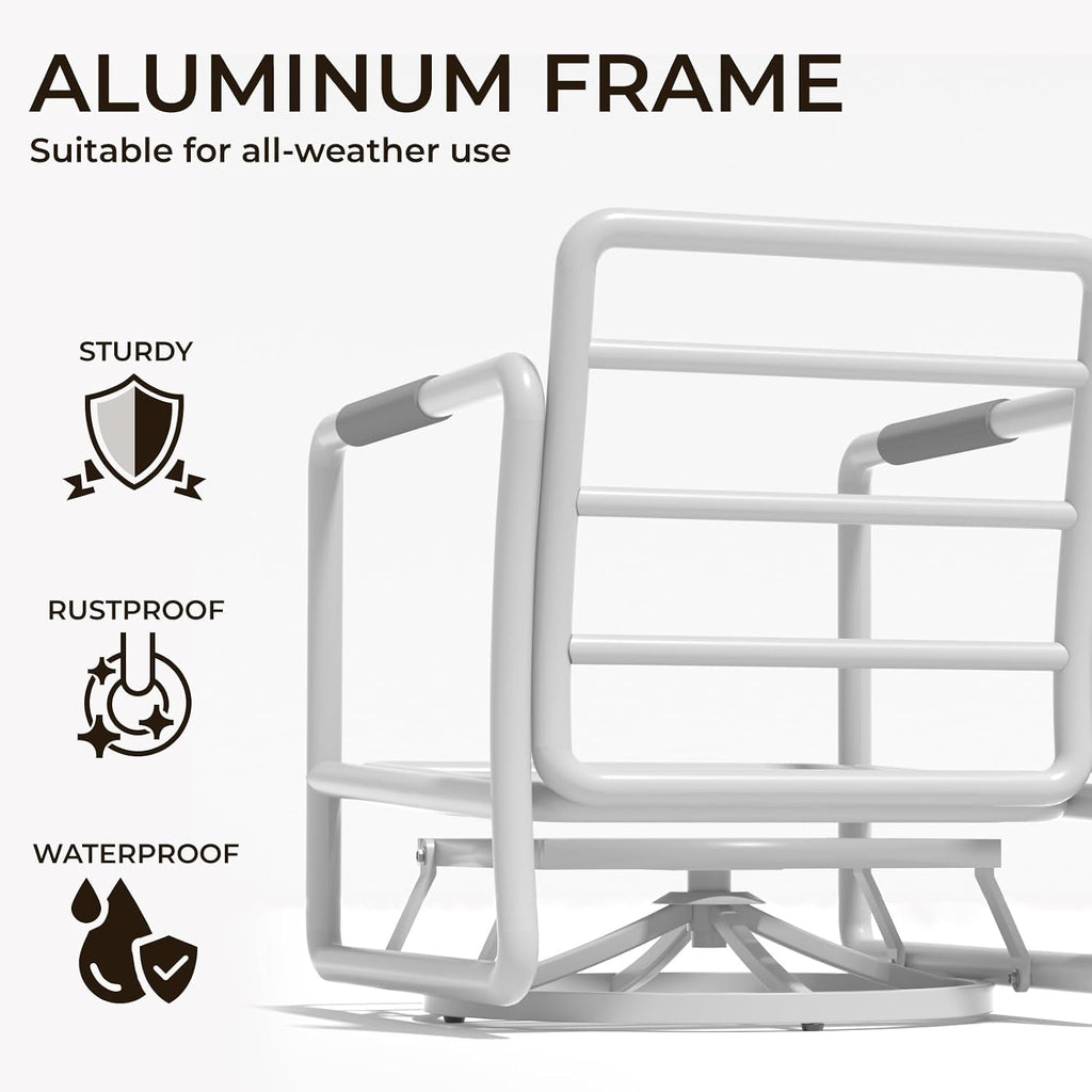 3 Piece Patio Outdoor Aluminum Swivel Rocking Chair with Coffee Table and 6.7' Thickened Cushions, All Weather Outdoor Furniture Chairs for Garden, Poolside, Deck-White
