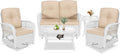 VIVIJASON 5-Piece Outdoor Patio White Wicker Conversation Sets, All Weather Outdoor Rattan Furniture Set Includes Glider Loveseat, 2 Coffee Table, 2 Swivel-Gliders Chairs with Cushions, Beige