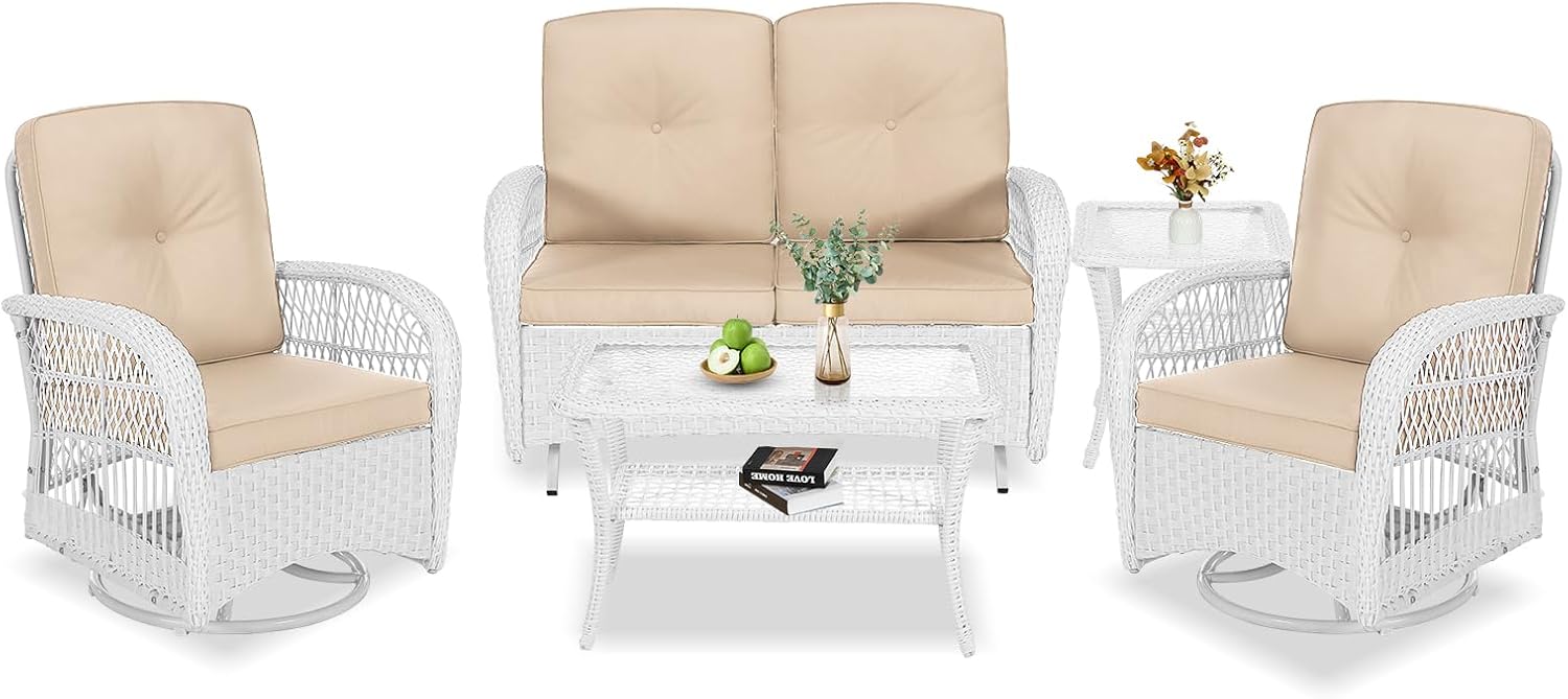 VIVIJASON 5-Piece Outdoor Patio White Wicker Conversation Sets, All Weather Outdoor Rattan Furniture Set Includes Glider Loveseat, 2 Coffee Table, 2 Swivel-Gliders Chairs with Cushions, Beige