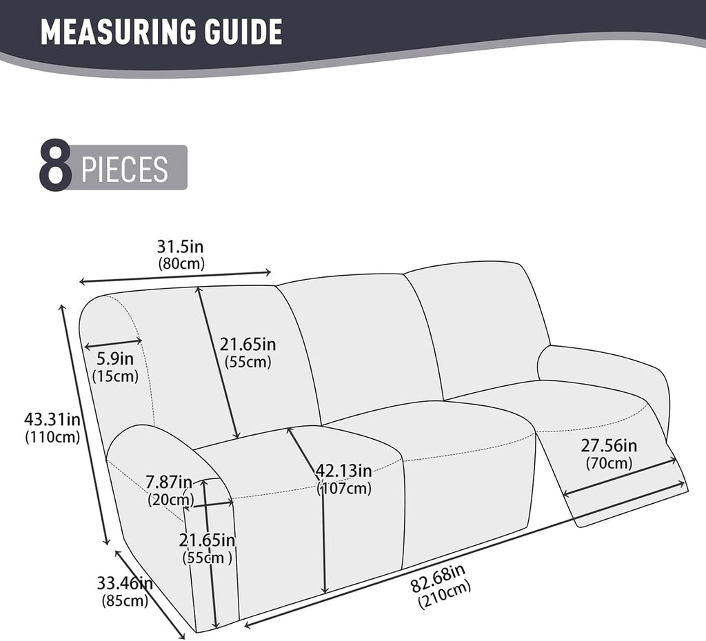 100% Waterproof PU Leather Sofa Slipcovers 8-Pieces Stretch Reclining Couch Covers for 2 Seat Anti-Slip Elastic Strap Furniture Protector for Kids, Pets (Cream, 3 Seater)