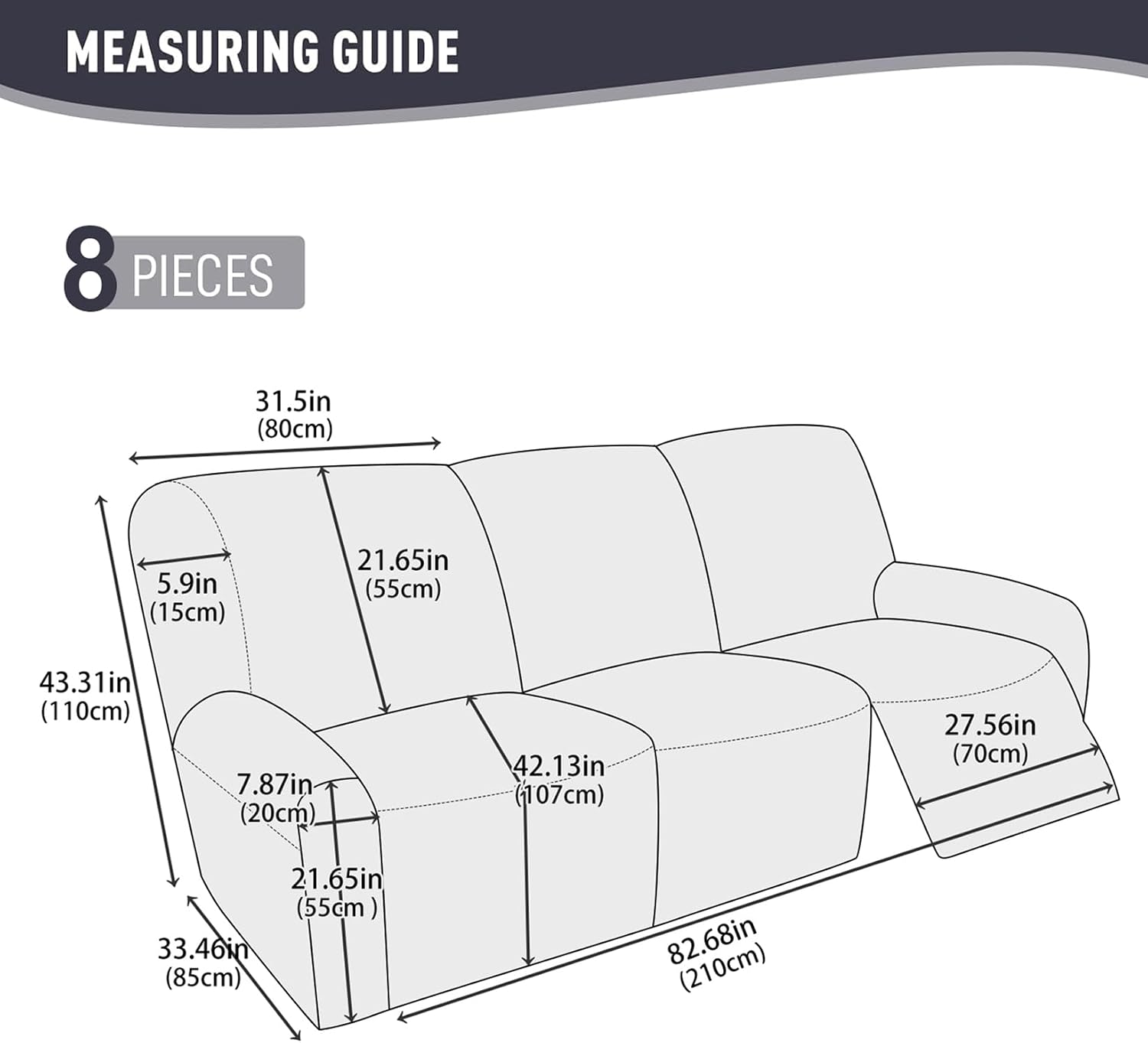 100% Waterproof PU Leather Sofa Slipcovers 8-Pieces Stretch Reclining Couch Covers for 2 Seat Anti-Slip Elastic Strap Furniture Protector for Kids, Pets (Grey, 3 Seater)