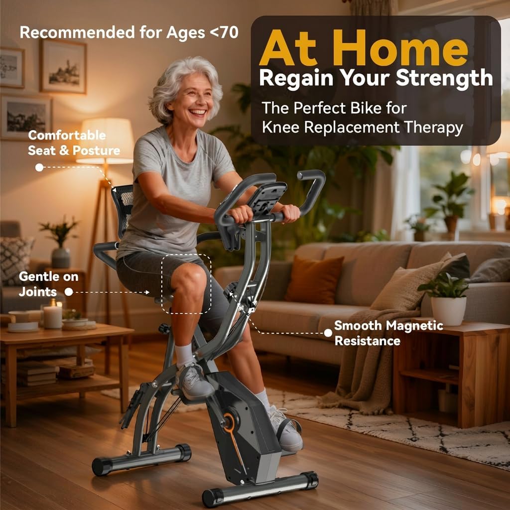 USLIM Foldable Exercise Bike Stationary Bikes for Home, 5 IN 1 Indoor Workout Bike, Cycling Bike with 16-Level Quiet Magnetic Resistance, 6.6 LBS Flywheel and 300LBS Capacity for Senior and Home Workout