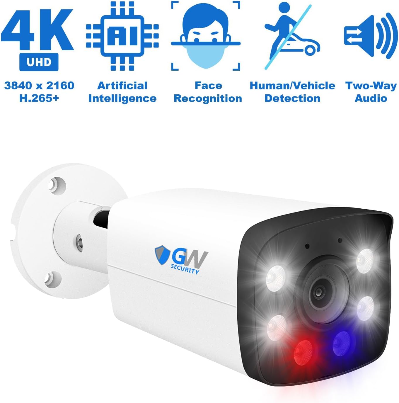 GW Security 8 Channel 4K NVR H.265 8MP Fulltime Color Night Vision Security Camera System with 4 UltraHD 4K IP Two-Way Audio Outdoor PoE Security Cameras, Smart AI Human Detection