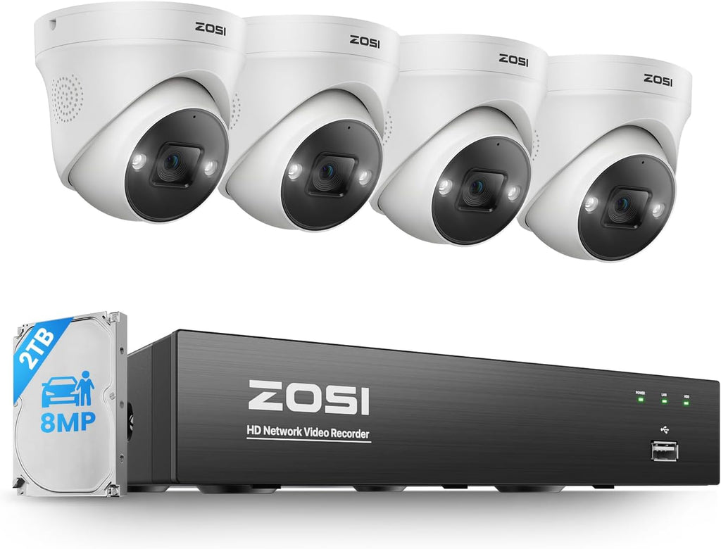 ZOSI 4K POE Security Camera System Outdoor, 4PCS 4K Spotlight Wired Cameras for Home Security, Person Vehicle Detection, Color Night Vision, 8 Ports 16CH 8MP NVR with 2TB HDD for 24/7 Recording