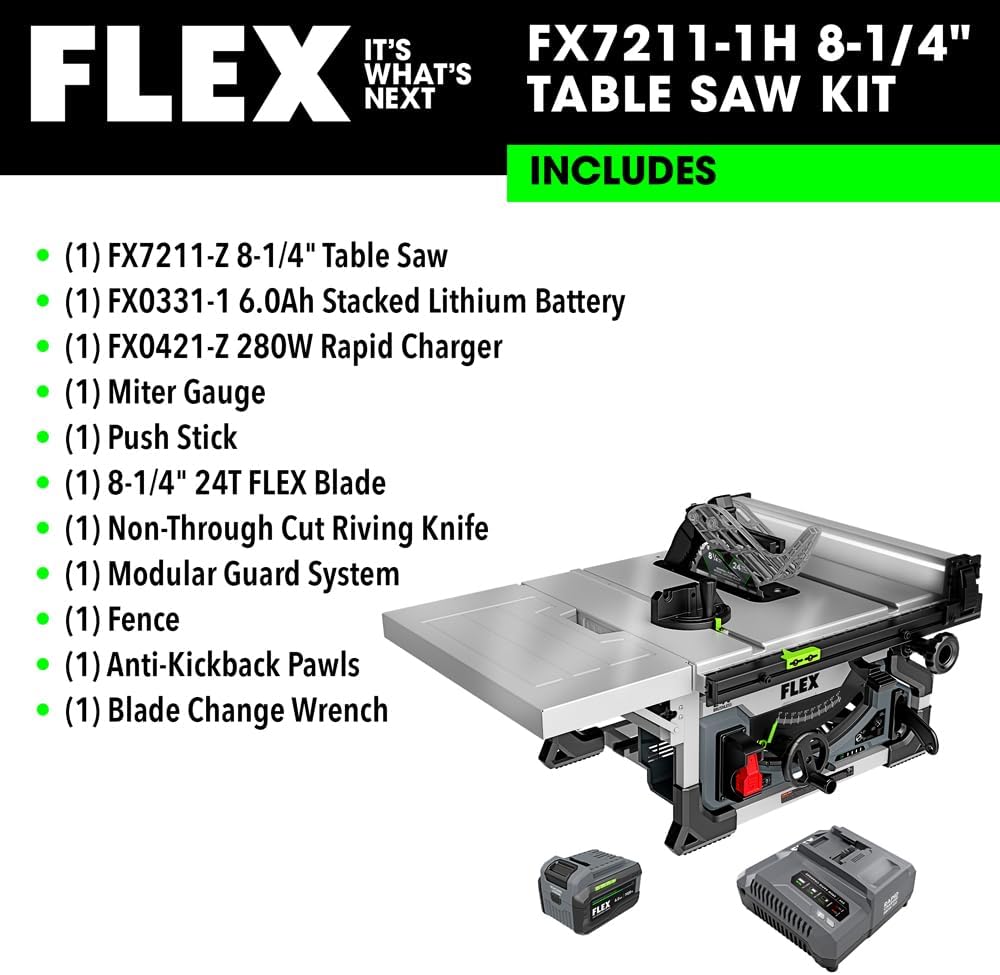 FLEX 24V Brushless Cordless 8-1/4-Inch Table Saw Kit with 6.0Ah Stacked Lithium Battery and 280W Rapid Charger - FX7211-1H