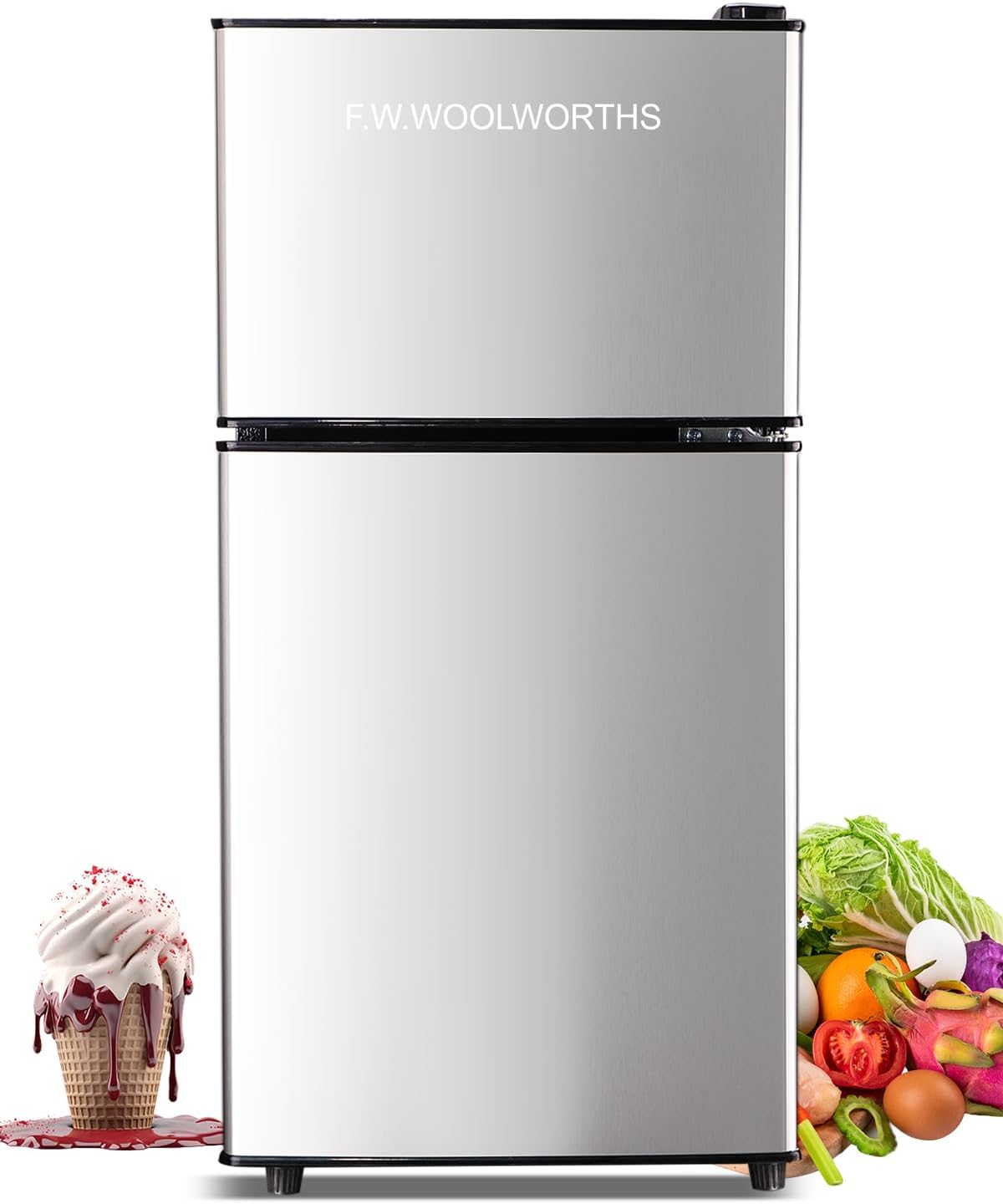 F.W.WOOLWORTHS 3.5 Cu.Ft Refrigerator with Freezer, 2 Doors Fridge with Adjustable Thermostat Control, Refrigerator for Kitchen, Dorm, Apartment, Garage, Office, Silver