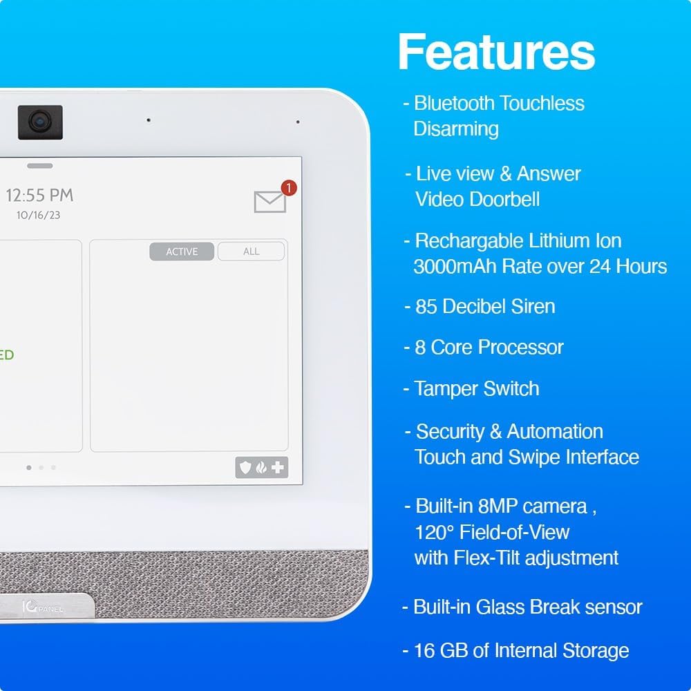 Qolsys IQ Panel 4: Wireless Smart Home Security System Alarm Panel for House Protection and Home Automation. Easily Integrate with Alexa, Window Alarms, Cameras and More. 319.5 MHz