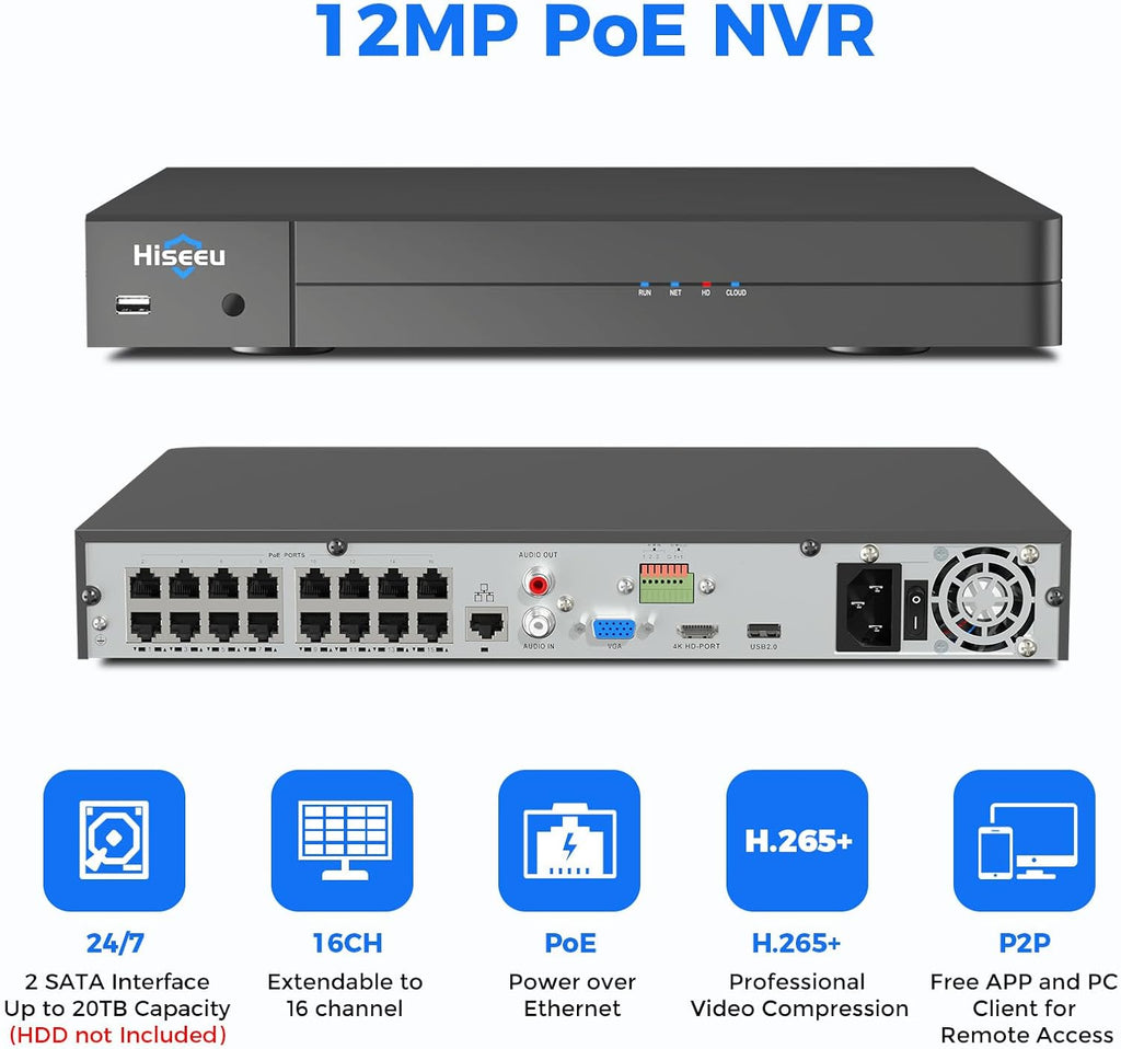 Hiseeu 12MP 16CH PoE NVR Network Video Recorder for Home Security Camera System, Work with 12MP/8MP/5MP/4MP/3MP/1080P PoE Security Camera, Motion Detect,24/7 Recording, Smart Playback, No Hard Drive