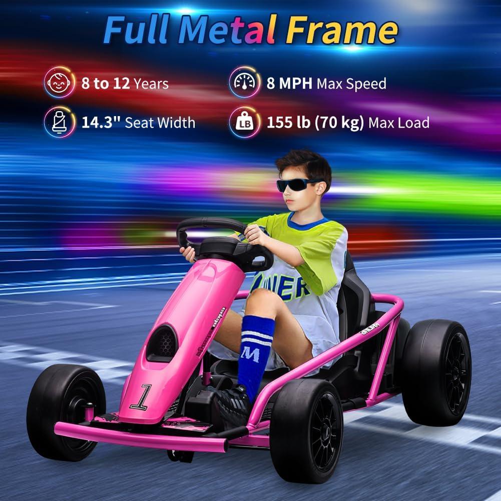 Go Kart, Big Kids Electric Karts, 24v 2 x 300w 8MPH Support for Smooth Slew Drift with Slow Start and Seat Belt for Double Protection, with Musical Horns, Maximum Load 180Lbs, for Kids 8-11 Year
