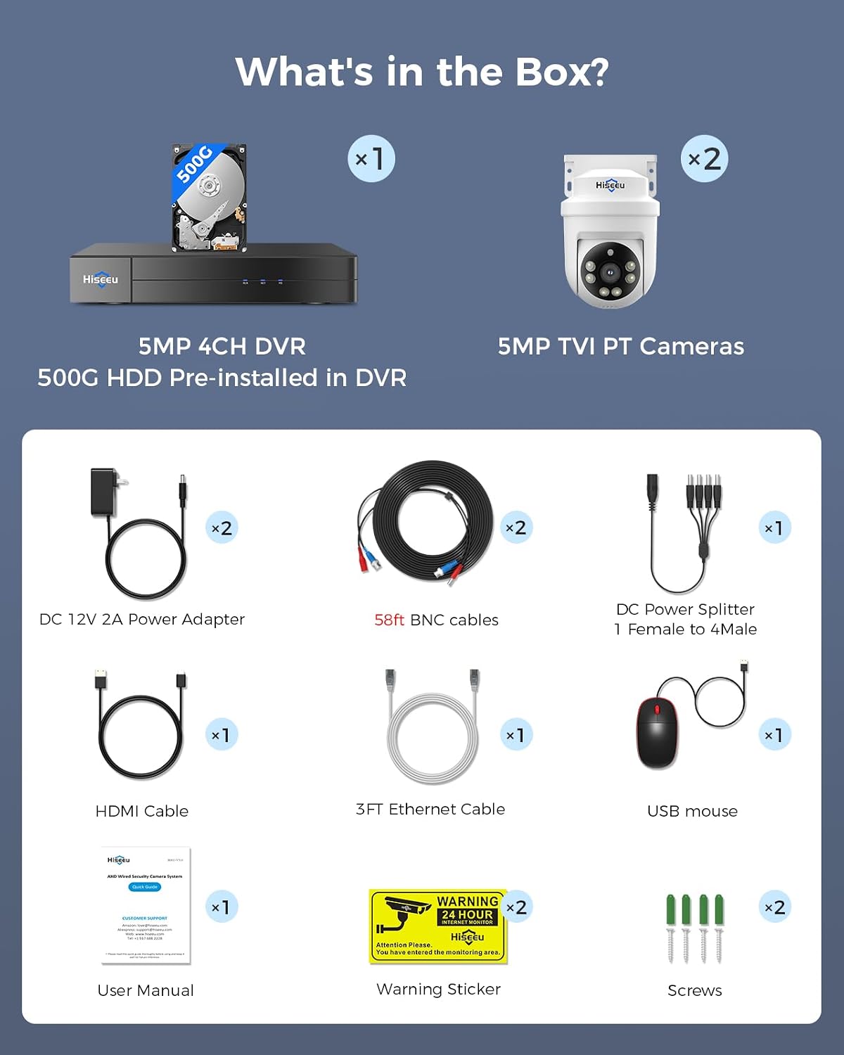 Hiseeu 3K 360°View PTZ Wired Security Camera System with Color Night Vision,Audio,4ch 5MP DVR,2PCS Cameras,500G HDD,Person/Vehicle Detection,Home CCTV Camera System