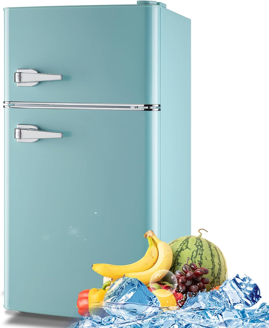 WANAI 3.5 Cu.ft Retro Mini Fridge with Freezer Small Retro Dual Door Refrigerator Freestanding Compact Refrigerator with Freezer 2 Door Mini Fridge for Bedroom, Dorm, Office Blue