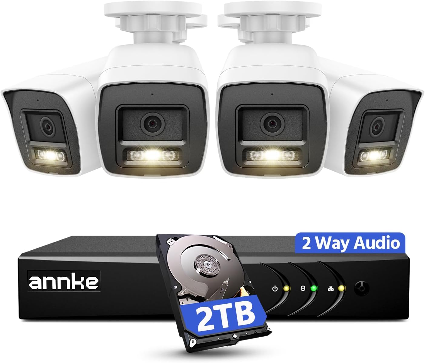 ANNKE 2MP Two-Way Audio Security Camera System, 8CH 3K Lite DVR, 4pcs 1080P CCTV White Wired Cams with Smart Color Night Vision, AI Motion Detection, 2TB HDD for Outdoor Home Surveillance