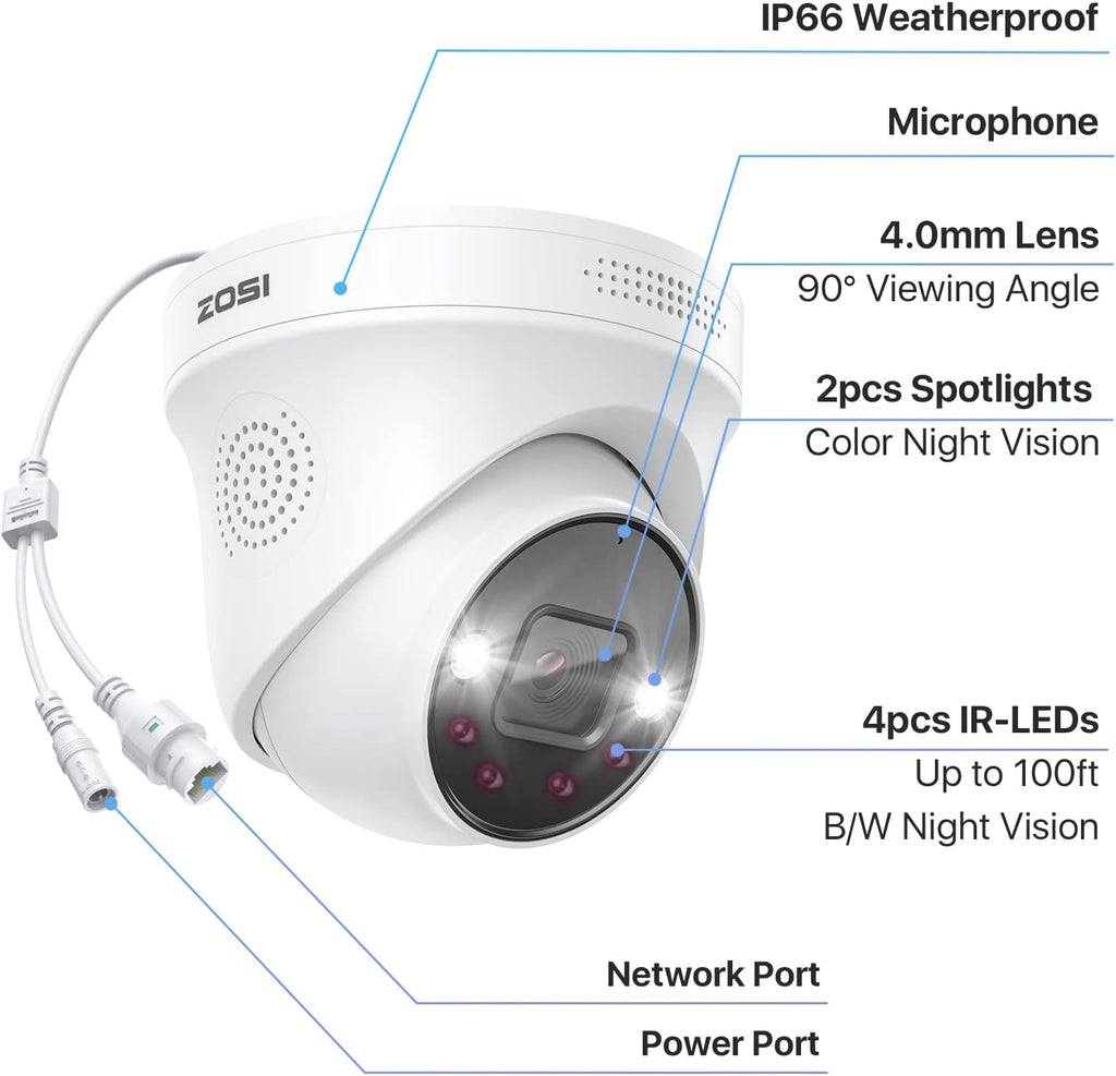 ZOSI 2-Pack 4K PoE Security Cameras with Ethernet Cables, Person/Vehicle Detection, 2-Way Audio, Weatherproof, Color Night Vision, Outdoor Indoor Camera Only Compatible with Same Brand 8MP/4K POE NVR