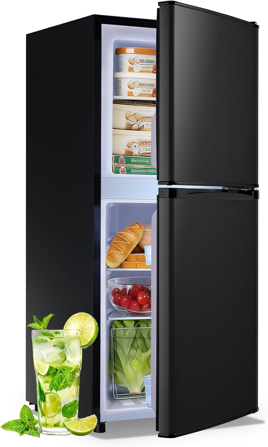 DEMULELR 3.9Cu.ft Refrigerator with Freezer Black Two Door Mini Fridge with Crisper Drawer & Extra Drink Space, LED Light, Full-Size Fridge for Dorm Office 17.5'D x 17'W x 40'H，Silver
