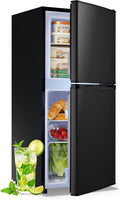 DEMULELR 3.9Cu.ft Refrigerator with Freezer Black Two Door Mini Fridge with Crisper Drawer & Extra Drink Space, LED Light, Full-Size Fridge for Dorm Office 17.5'D x 17'W x 40'H，Silver