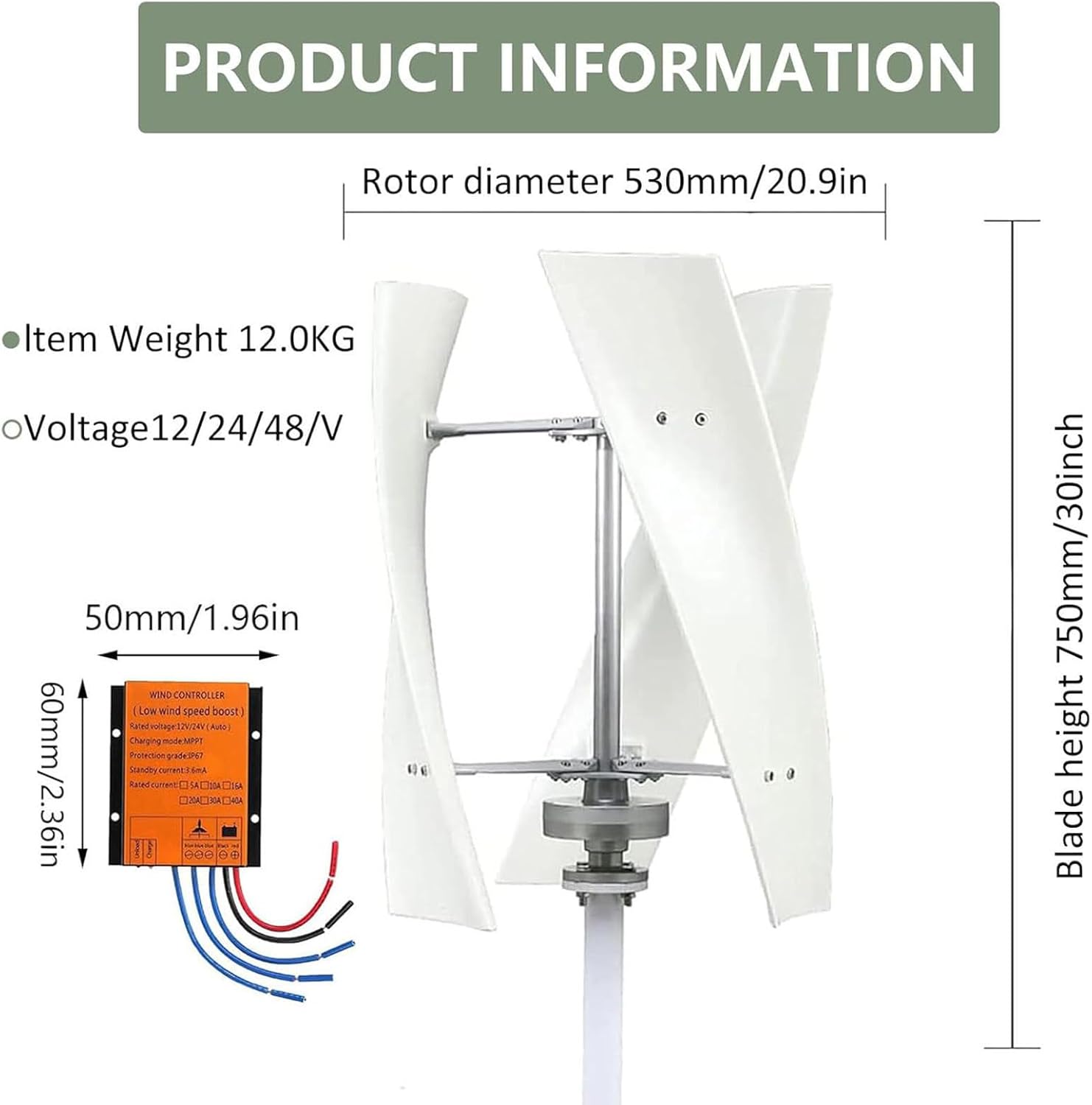 Wind Turbine Generator Kit,3000W Magnetic Levitation Upright Wind Turbine 12V 24V 48V 220V with Waterproof Charge Controller Electricity Producer Equipment for Home RV Roof 24V
