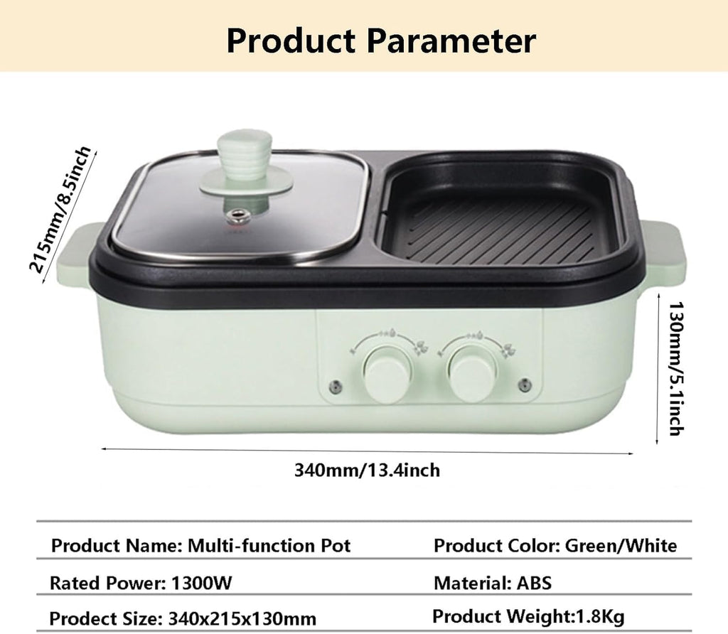 2-in-1 Electric Grill for BBQ and Hotpot, Nonstick Electric Frying Pans 1300w Shabu Pot BBQ Plate with Double Disc Design, One Pan for Grilling, Barbecue, with 4 Plates