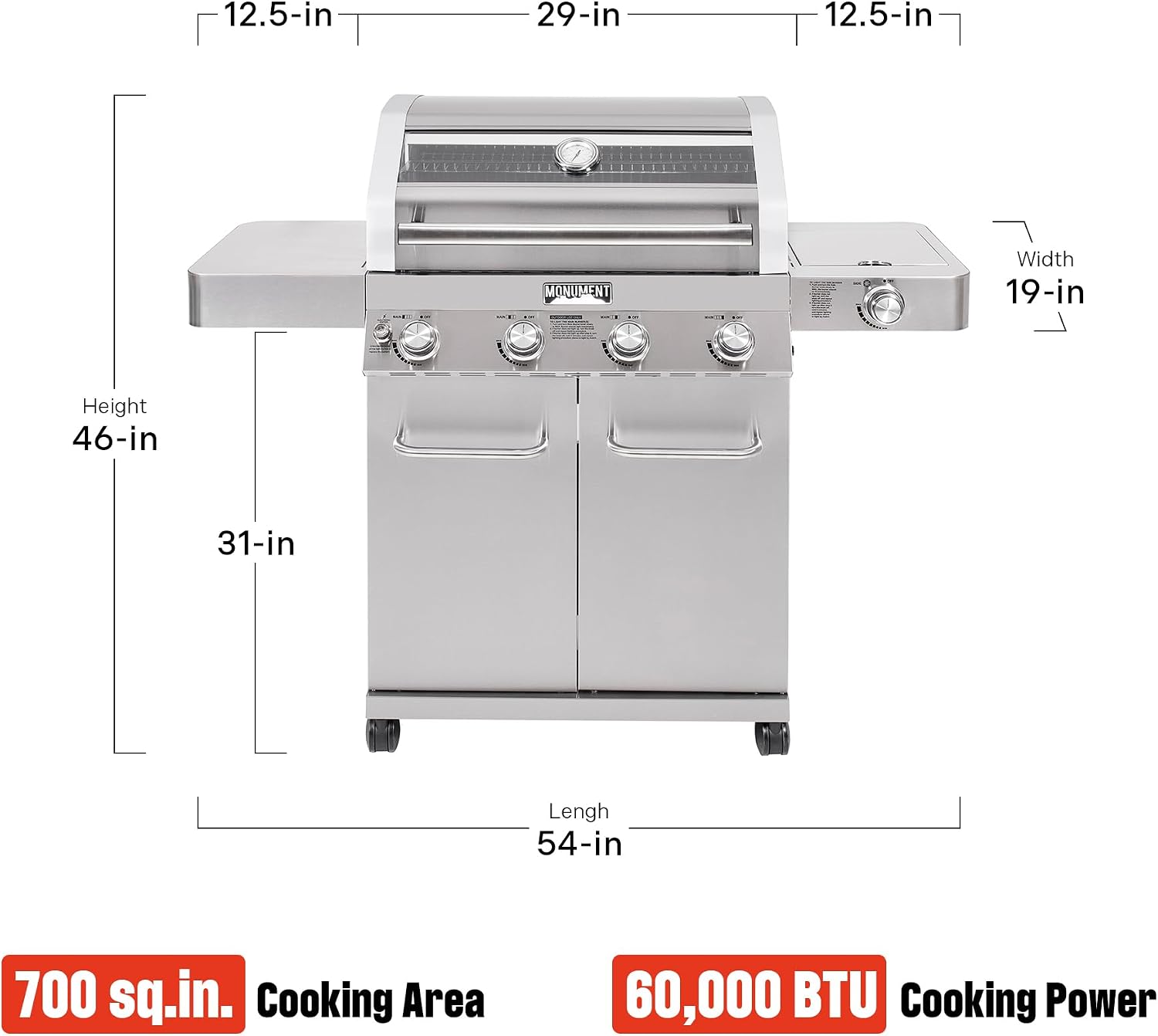 Monument Grills 4+1 Burner Convertible Natural Gas Grill Stainless Steel Propane Grill with a Side Burner, a Built-In Thermometer, Large Cabinet Style Grill