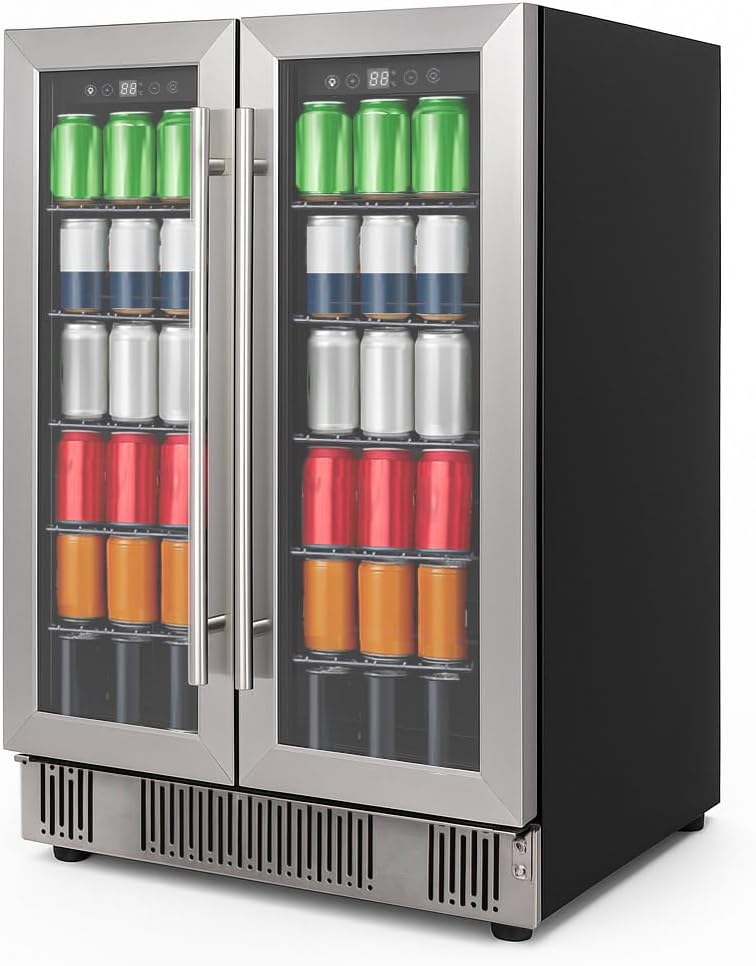 Stopasd Beverage Refrigerator, Dual Zone Beverage Cooler with Clear View Door, 21 Bottles and 88 Cans Large Capacity, Freestanding Drink Fridge with Adjustable Shelves & LED Light for Beer, Soda
