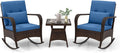 Tangkula 3 Pieces Rocking Bistro Set, Patiojoy Outdoor PE Rattan Rocker Chairs with Removable Cushions & Tempered Glass Top Coffee Table, Outdoor Wicker Furniture Set for Porch, Garden (Navy)