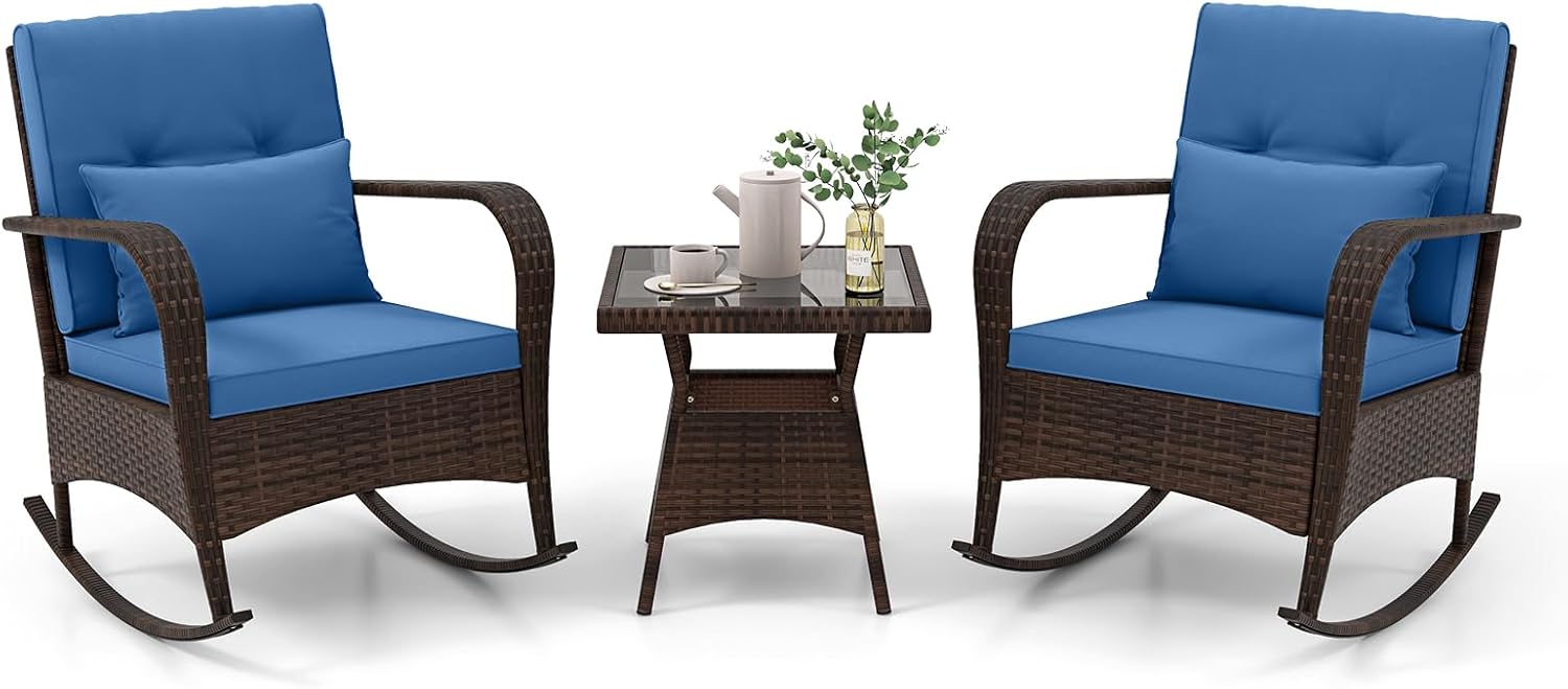 Tangkula 3 Pieces Rocking Bistro Set, Patiojoy Outdoor PE Rattan Rocker Chairs with Removable Cushions & Tempered Glass Top Coffee Table, Outdoor Wicker Furniture Set for Porch, Garden (Navy)